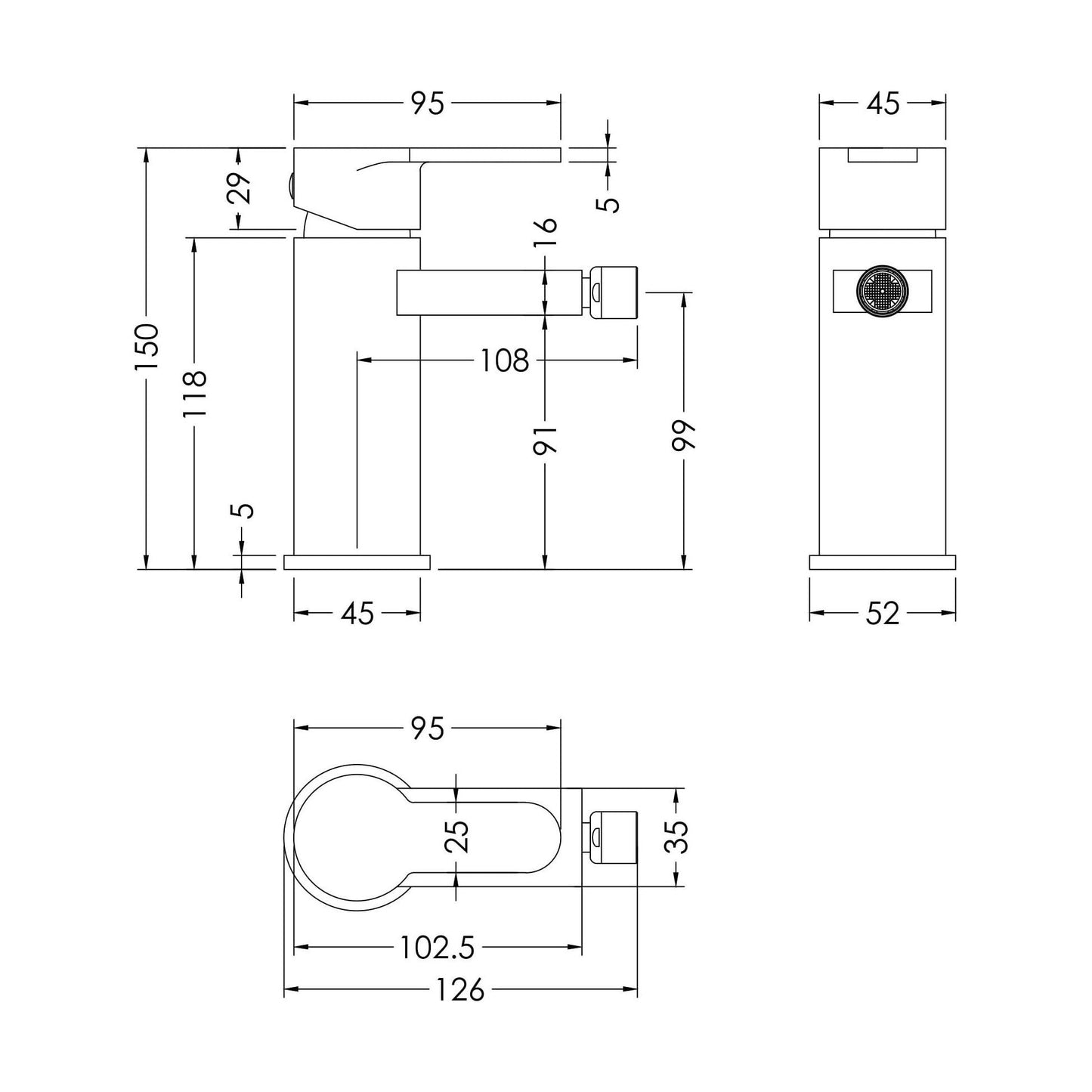 [BTPR306] Balterley Pride Contemporary Round Mono Bidet Mixer Tap with Pop Up Waste - Chrome - Technical Drawing