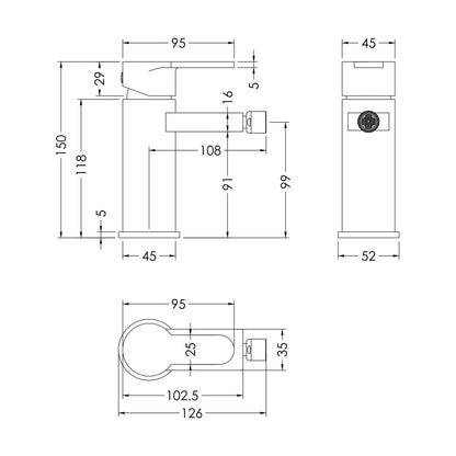 [BTPR306] Balterley Pride Contemporary Round Mono Bidet Mixer Tap with Pop Up Waste - Chrome - Technical Drawing