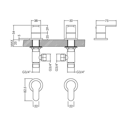 [BTPR308] Balterley Pride Contemporary Round Deck Mounted 3/4" Side Valves - Chrome - Technical Drawing