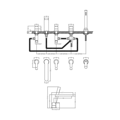 [BTPR314] Balterley Pride Deck Mount Round 5 Tap Hole Bath Shower Mixer Tap with Shower Kit - Chrome - Technical Drawing