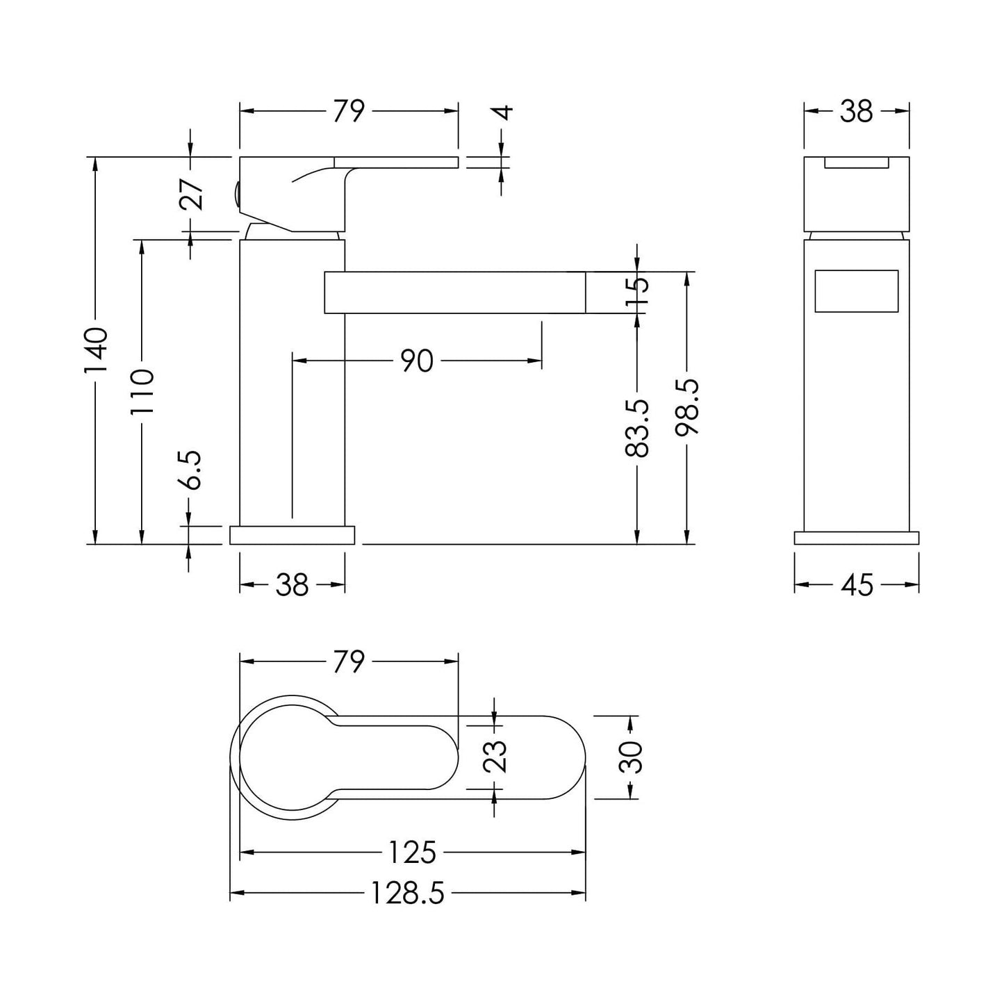 [BTPR315] Balterley Pride Round Mini Mono Basin Mixer Bathroom Sink Tap with Push Button Waste - Chrome - Technical Drawing