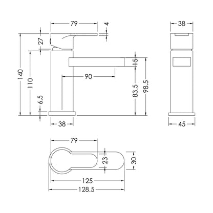 [BTPR315] Balterley Pride Round Mini Mono Basin Mixer Bathroom Sink Tap with Push Button Waste - Chrome - Technical Drawing