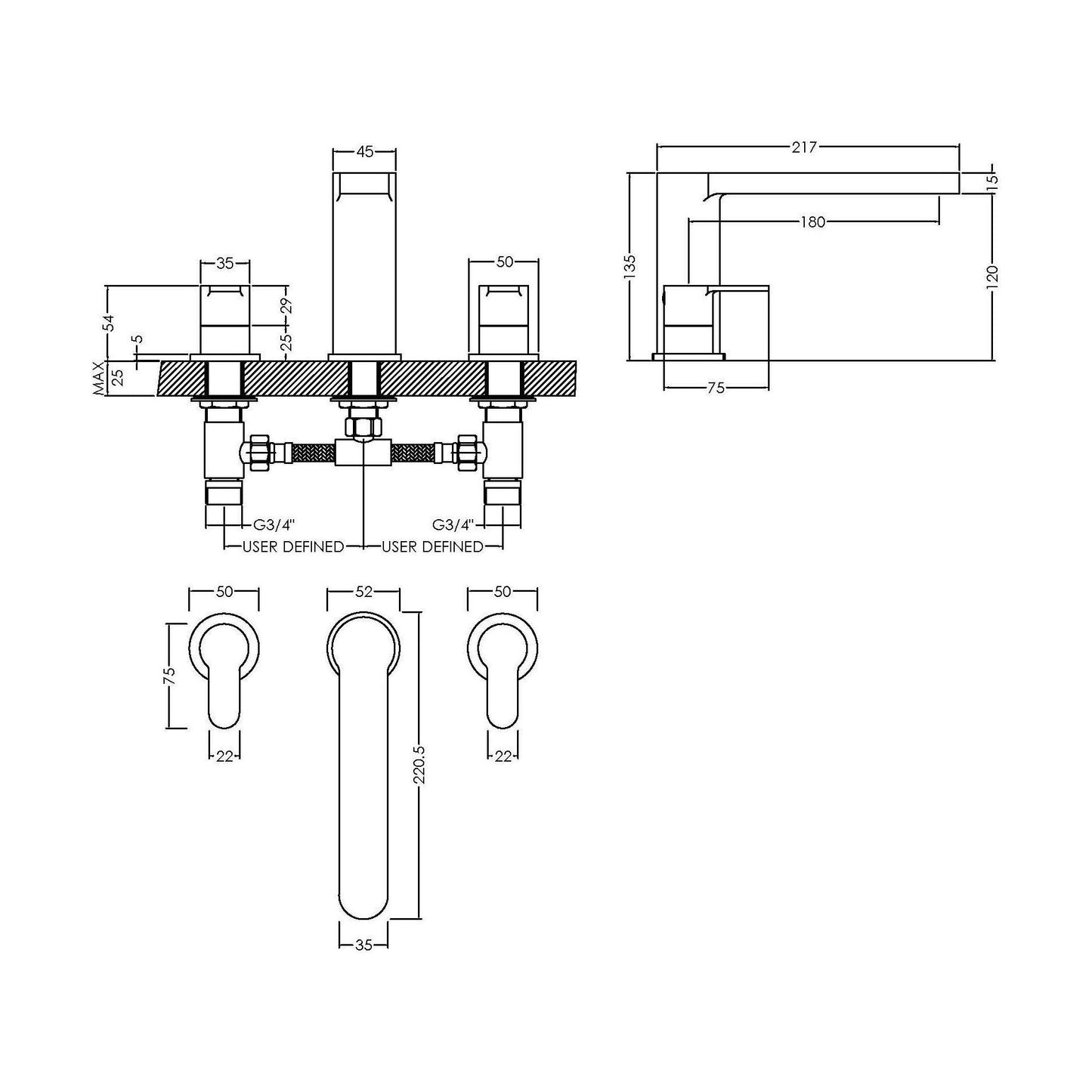 [BTPR333] Balterley Pride Contemporary Round Deck Mounted 3 Tap Hole Bath Filler Tap - Chrome - Technical Drawing