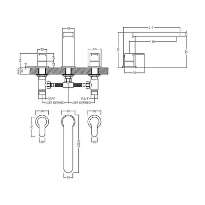 [BTPR333] Balterley Pride Contemporary Round Deck Mounted 3 Tap Hole Bath Filler Tap - Chrome - Technical Drawing