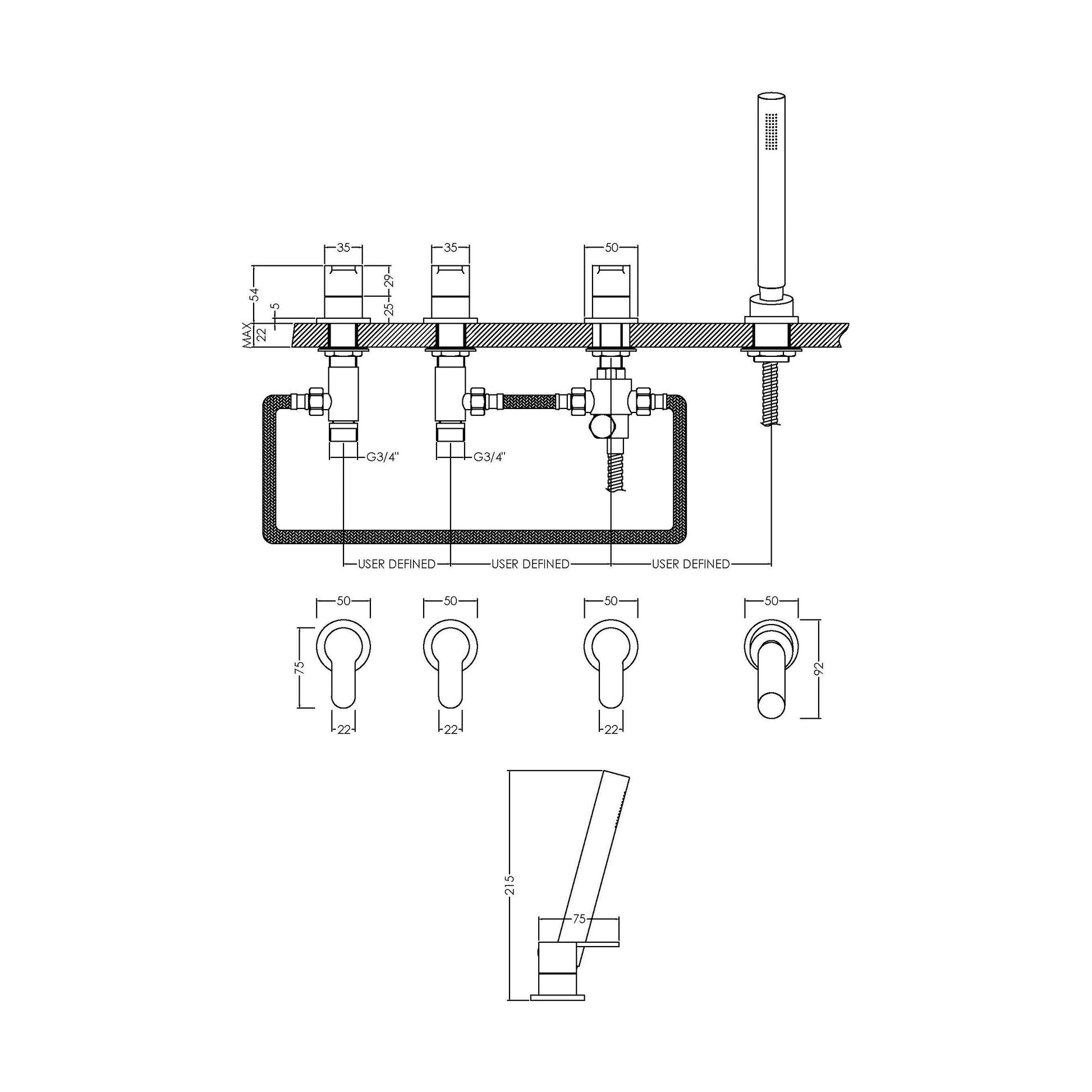[BTPR334] Balterley Pride Contemporary Deck Mount Round 4 Tap Hole Bath Shower Mixer Tap with Kit (No Spout) - Chrome - Technical Drawing