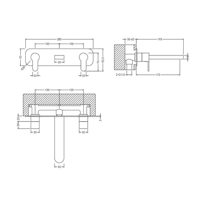 [BTPR350] Balterley Pride Contemporary Round Wall Mount 3 Tap Hole Basin Mixer Tap & Back Plate - Chrome - Technical Drawing