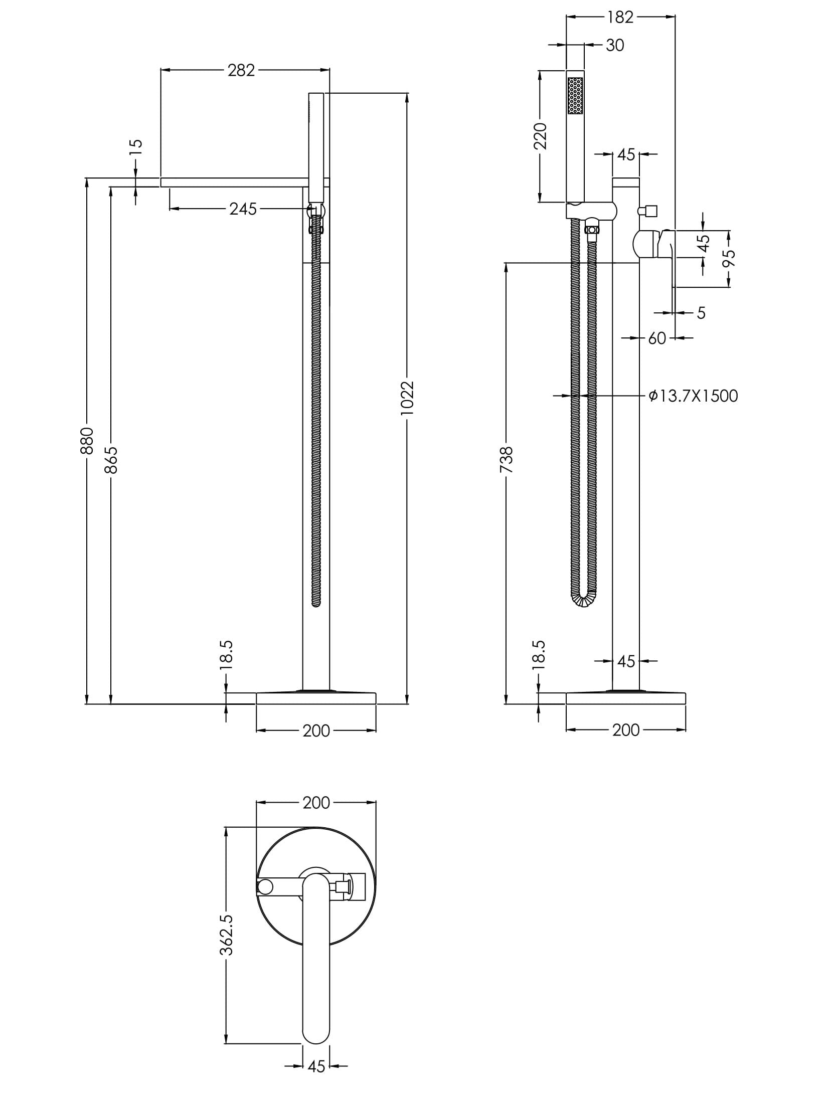 [BTPR421] Consall Freestanding Round Bath Shower Mixer Tap with Kit - Choice of Colour - Technical Drawing