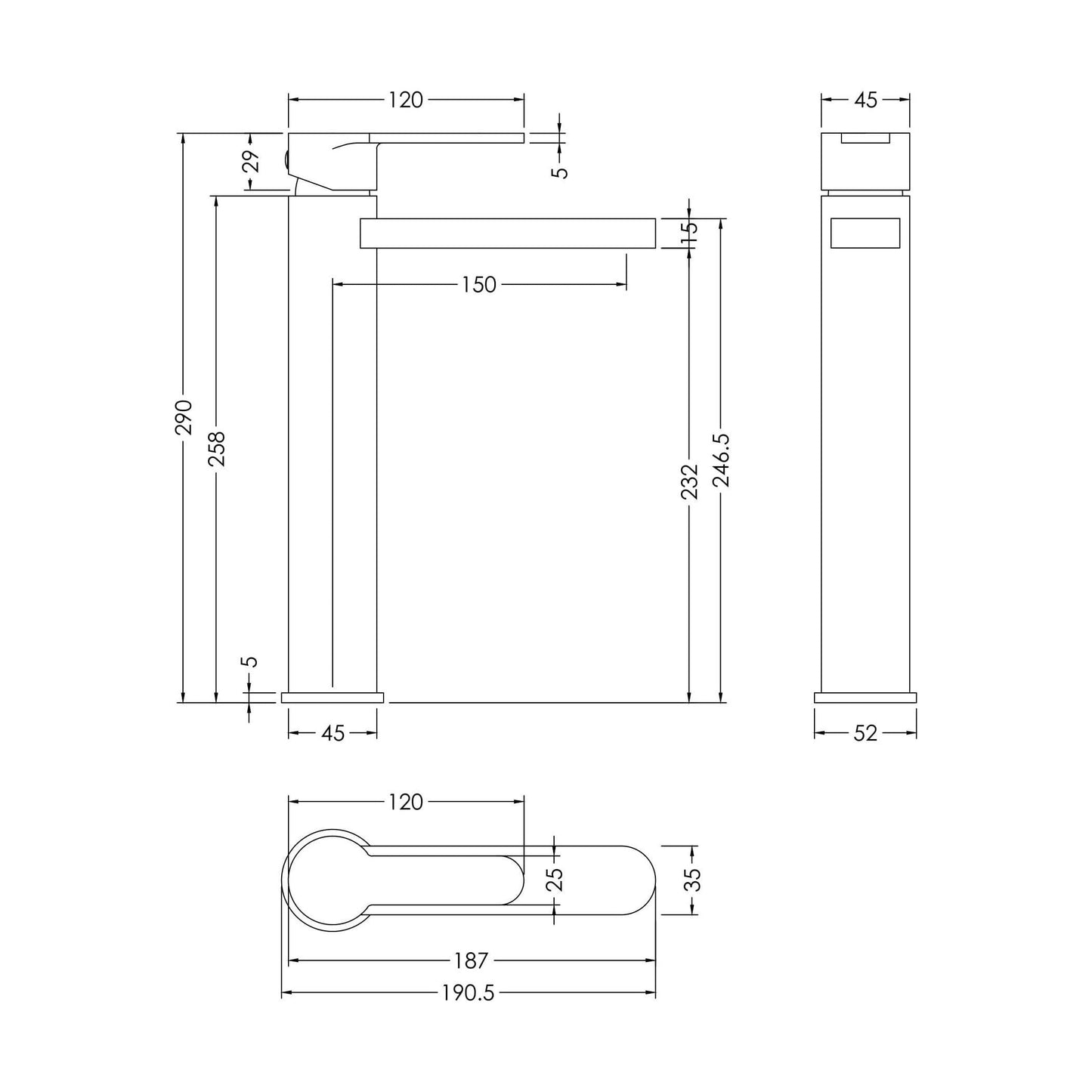 [BTPR470] Consall Round High-Rise Mono Basin Mixer Tap, 290 x 52 x 187mm - Choice of Finish - Technical Drawing