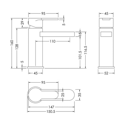 [BTPR705] Consall Round Mono Basin Mixer Tap with Push Button Waste - Choice of Finish - Technical Drawing
