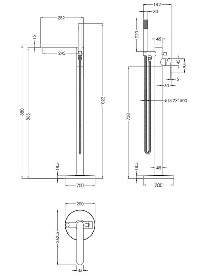 [BTPR721] Consall Freestanding Round Bath Shower Mixer Tap with Kit - Choice of Colour - Technical Drawing