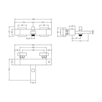 [BTRP005] Square Wall Mount Thermostatic Bath Shower Mixer Bar Valve Tap - Chrome - Technical Drawing