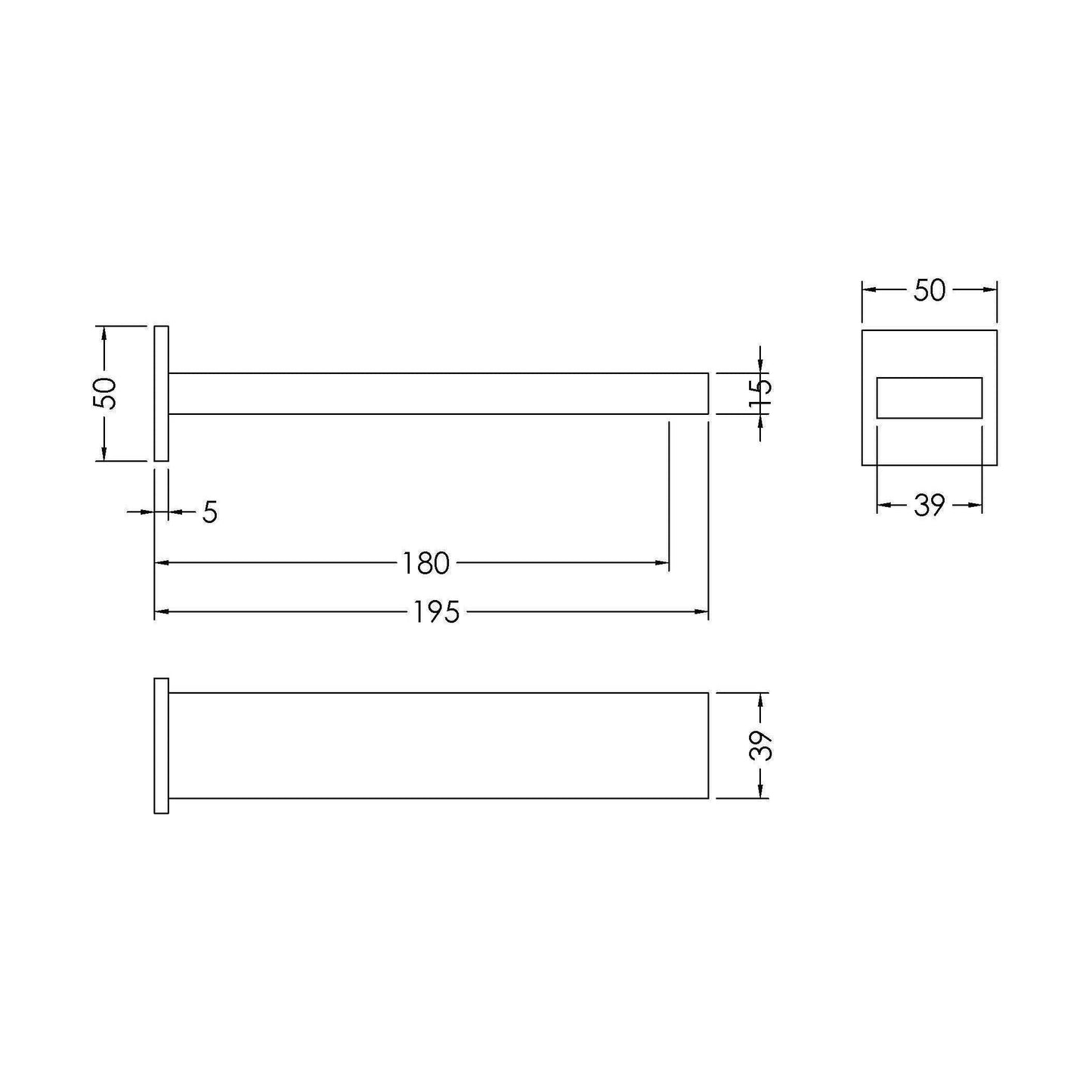 [BTRP300] Contemporary Bathroom Square Wall Mount Bath Spout, 50mm, Chrome - Technical Drawing