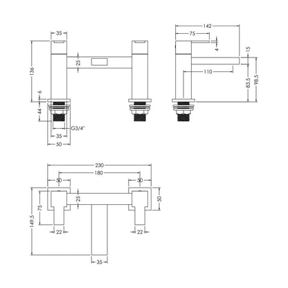 [BTRP303] Square Deck Mounted Bath Filler Tap - Chrome - Technical Drawing