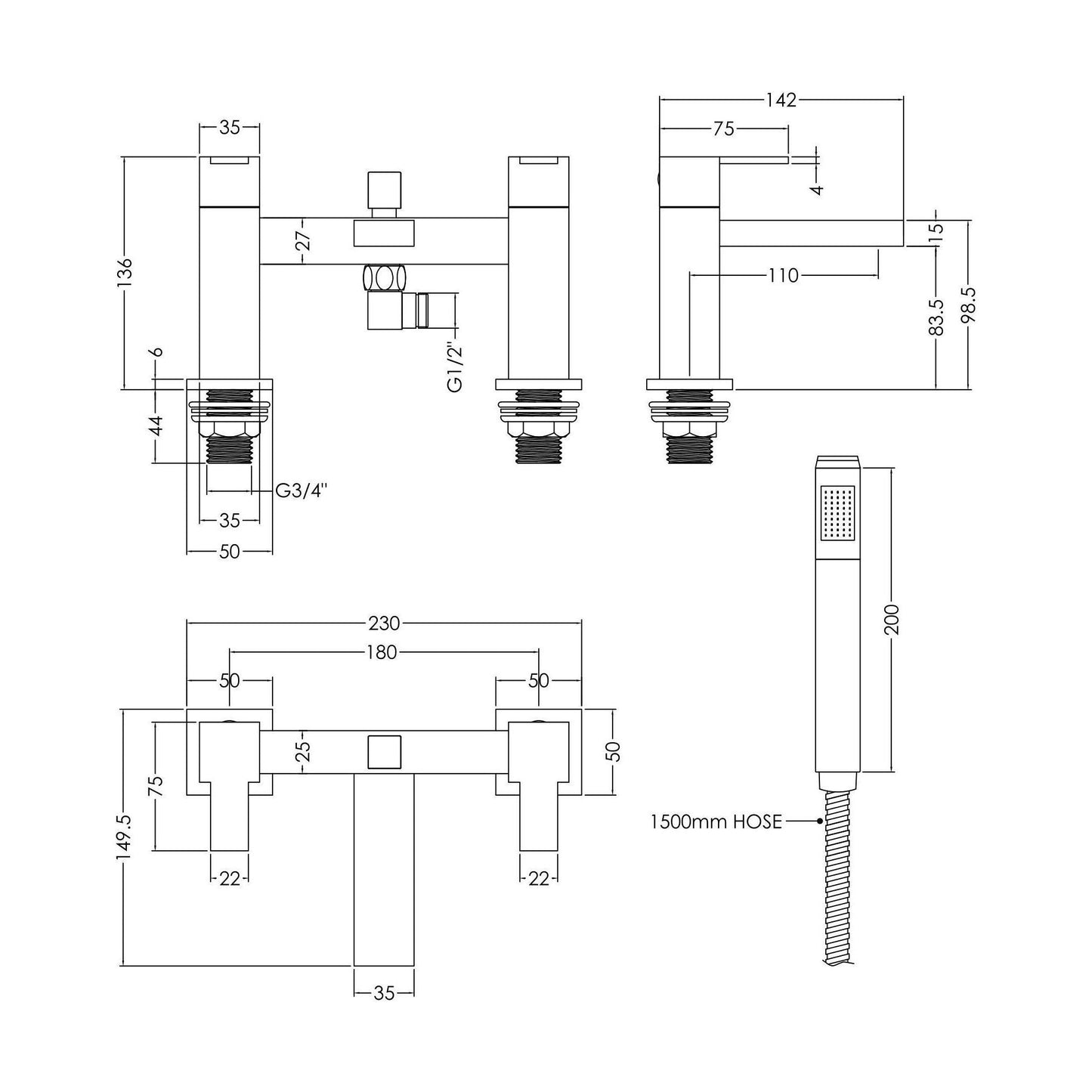 [BTRP304] Square Deck Mount Bath Shower Mixer Tap with Shower Kit - Chrome - Technical Drawing