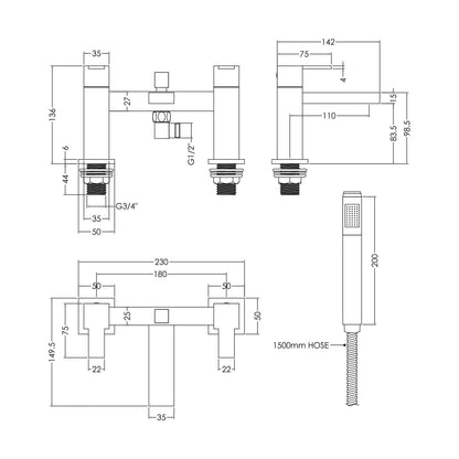 [BTRP304] Square Deck Mount Bath Shower Mixer Tap with Shower Kit - Chrome - Technical Drawing