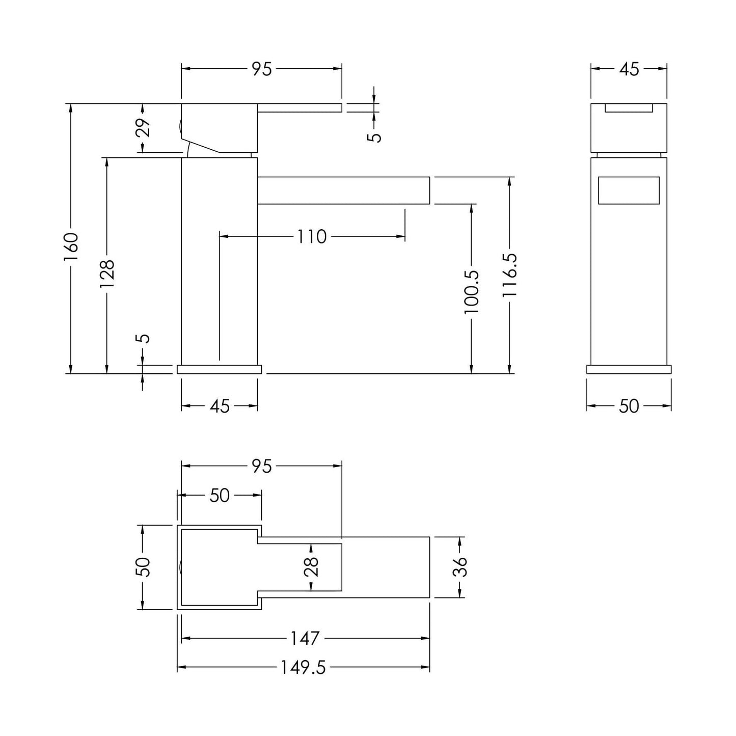[BTRP305] Square Mono Basin Mixer Tap & Push Button Waste - Chrome - Technical Drawing