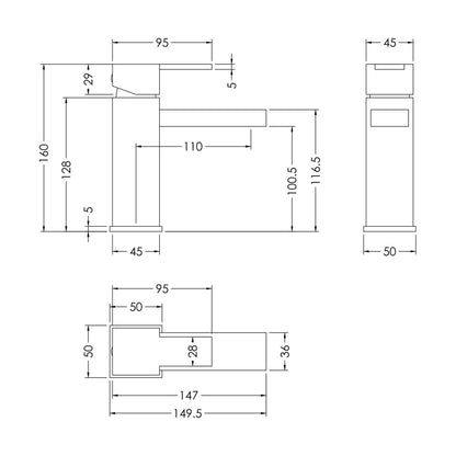 [BTRP305] Square Mono Basin Mixer Tap & Push Button Waste - Chrome - Technical Drawing