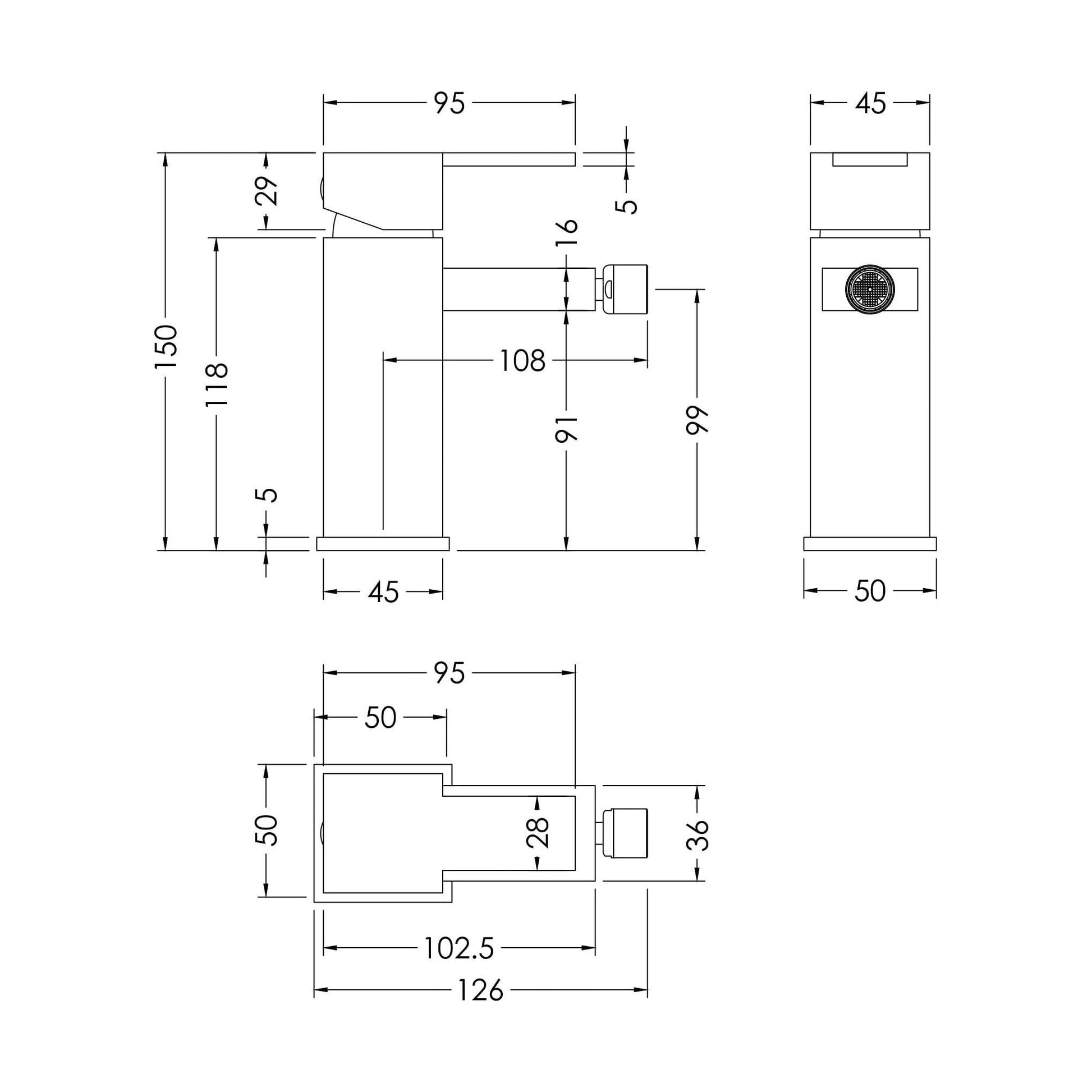 [BTRP306] Square Mono Bidet Mixer Tap and Pop Up Waste - Chrome - Technical Drawing