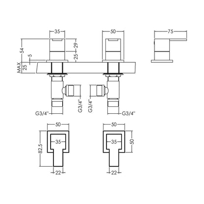 [BTRP308] Contemporary Square Deck Mounted 3/4" Chrome Side Valves - Chrome - Technical Drawing