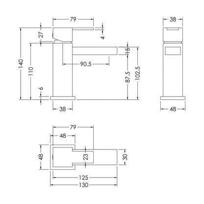 [BTRP315] Square Mini Mono Basin Mixer Tap & Push Button Waste - Chrome - Technical Drawing