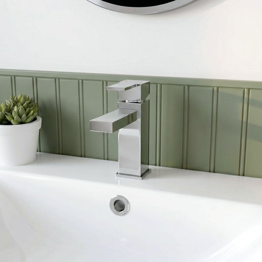 [BTRP315] Square Mini Mono Basin Mixer Tap & Push Button Waste - Chrome - Silo