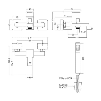[BTRP316] Wall Mount Square Bath Shower Mixer Tap with Shower Kit - Chrome - Technical Drawing