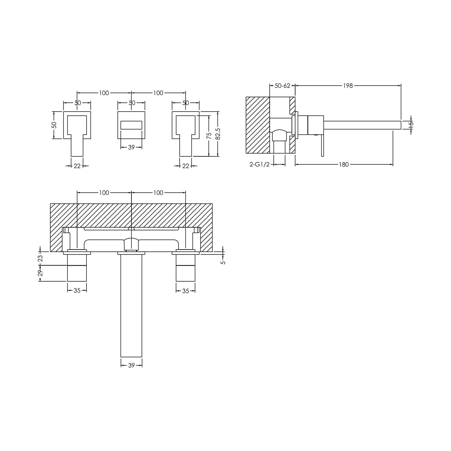[BTRP317] Square Wall Mount 3 Tap Hole Basin Mixer Tap - Chrome - Technical Drawing