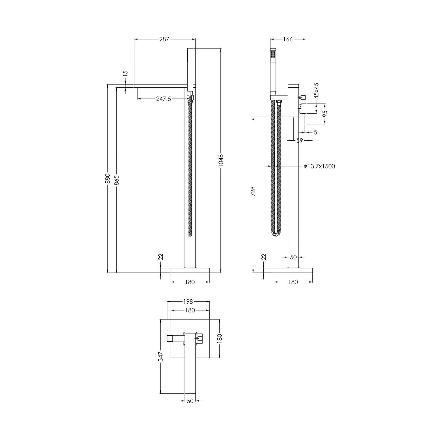 [BTRP321] Freestanding Square Bath Shower Mixer Tap - Chrome - Technical Drawing