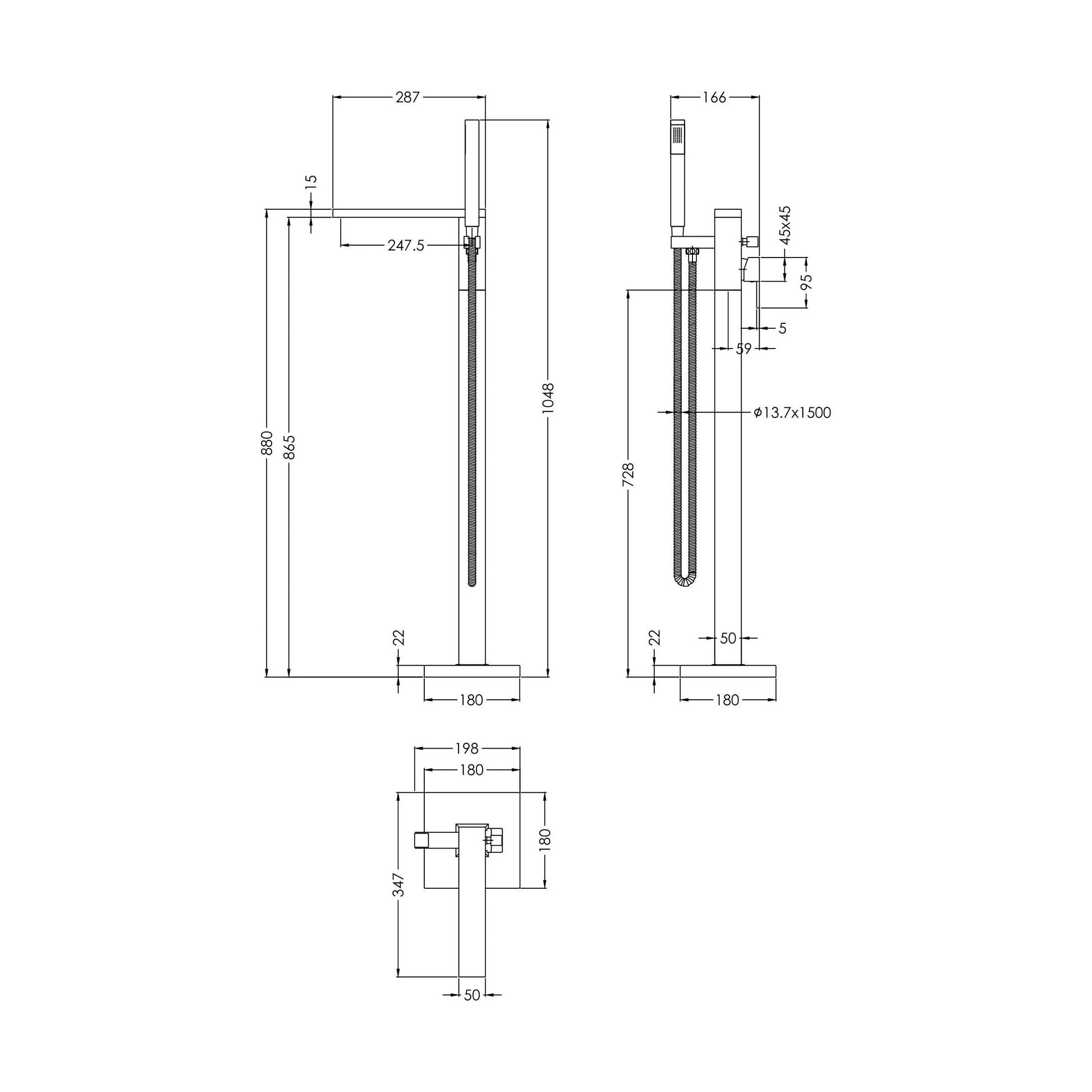 [BTRP321] Freestanding Square Bath Shower Mixer Tap - Chrome - Technical Drawing