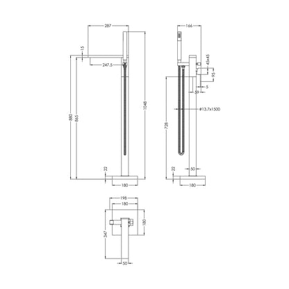 [BTRP321] Freestanding Square Bath Shower Mixer Tap - Chrome - Technical Drawing