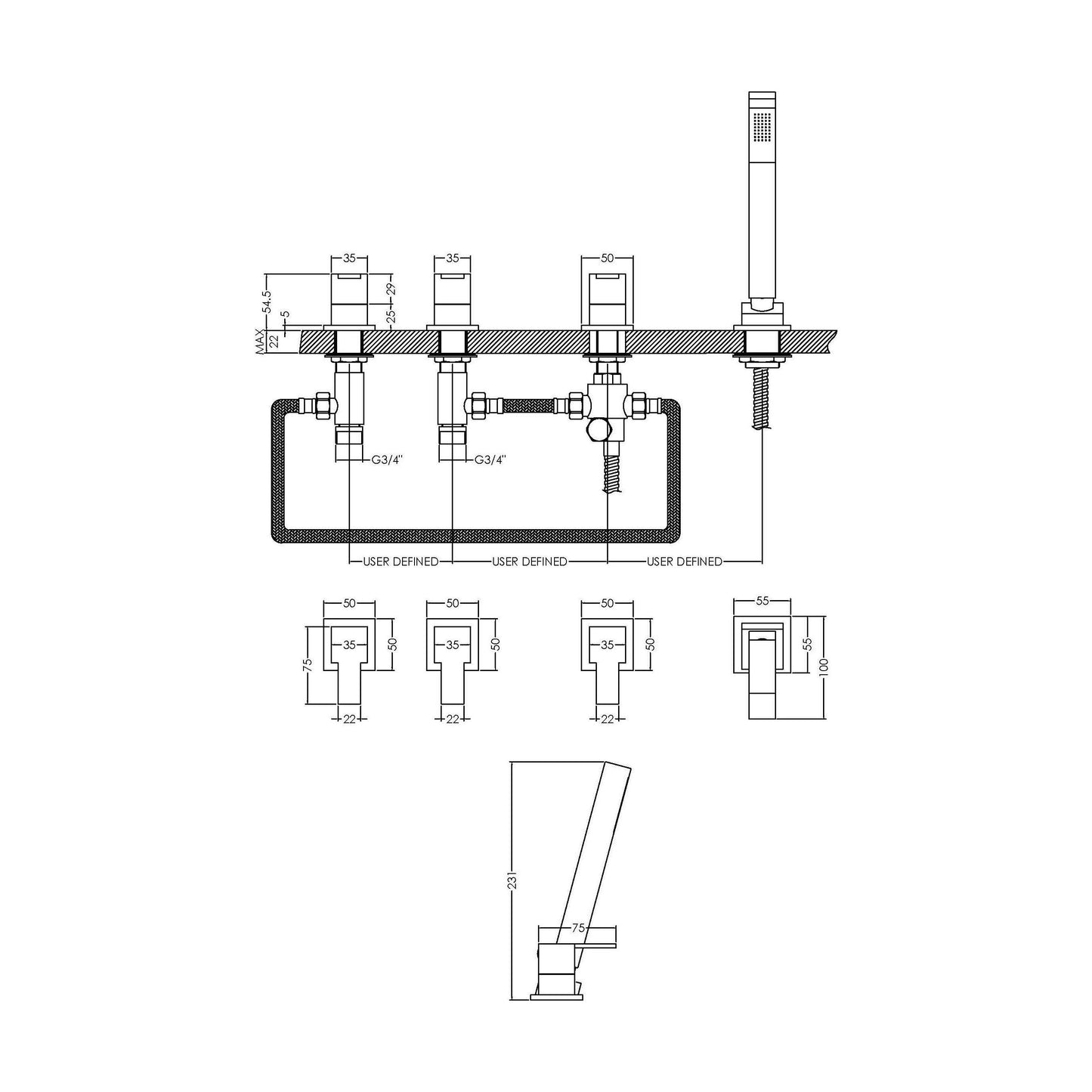 [BTRP334] Deck Mount Square 4 Tap Hole Bath Shower Mixer Tap with Kit  Chrome - Technical Drawing