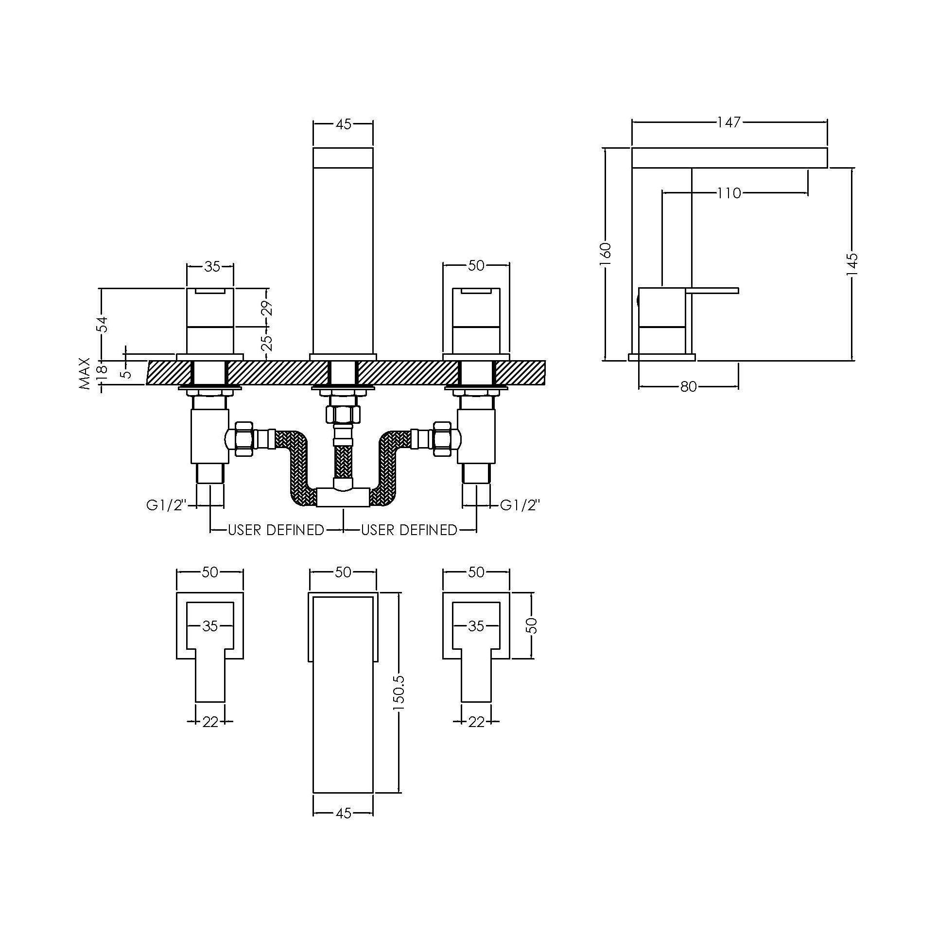 [BTRP337] Square Deck 3 Tap Hole Basin Mixer Tap & Pop Up Waste - Chrome - Technical Drawing