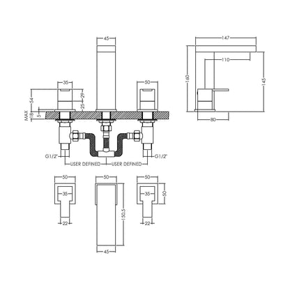 [BTRP337] Square Deck 3 Tap Hole Basin Mixer Tap & Pop Up Waste - Chrome - Technical Drawing
