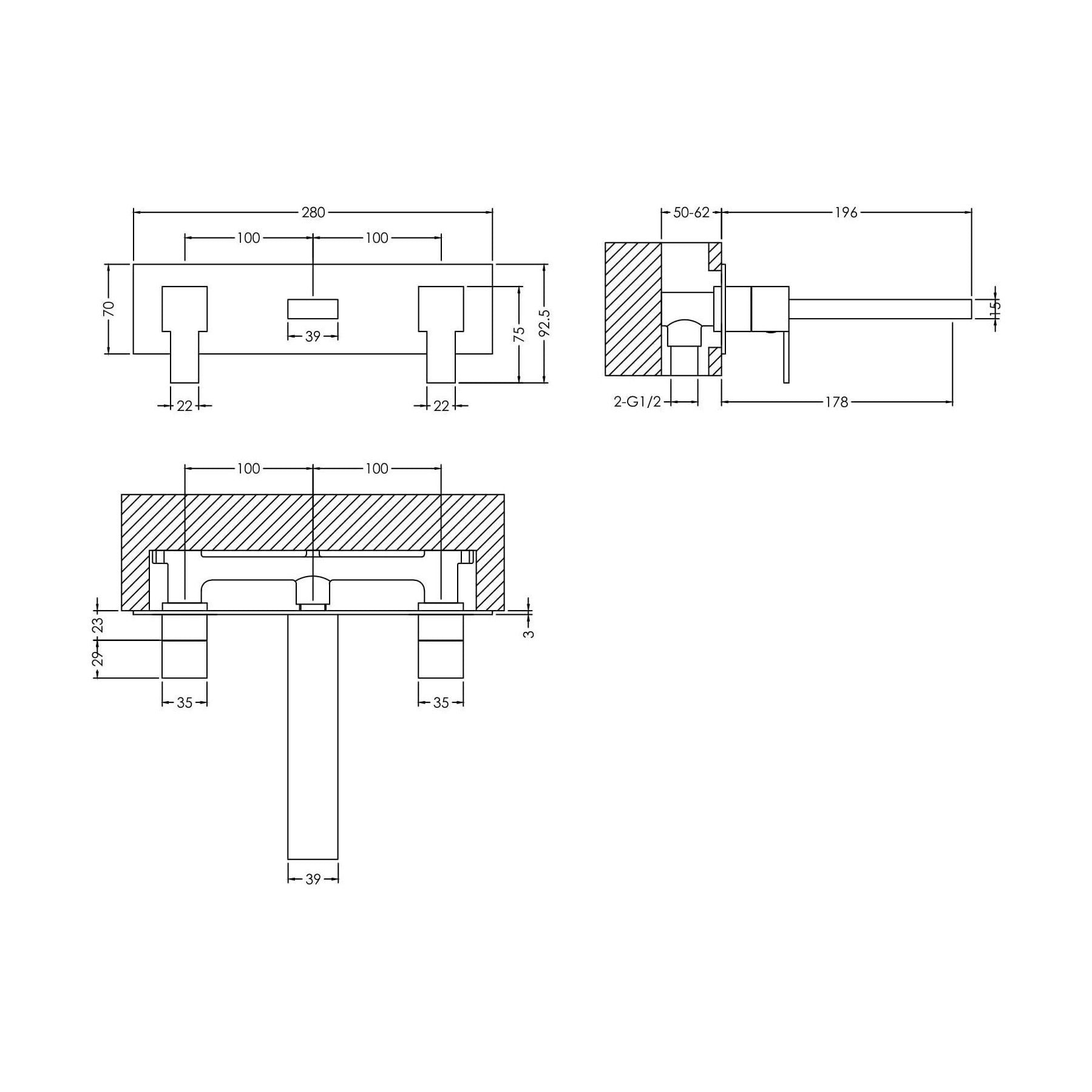 [BTRP350] Square Wall Mount 3 Tap Hole Basin Mixer Tap & Back Plate - Chrome - Technical Drawing