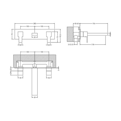 [BTRP350] Square Wall Mount 3 Tap Hole Basin Mixer Tap & Back Plate - Chrome - Technical Drawing