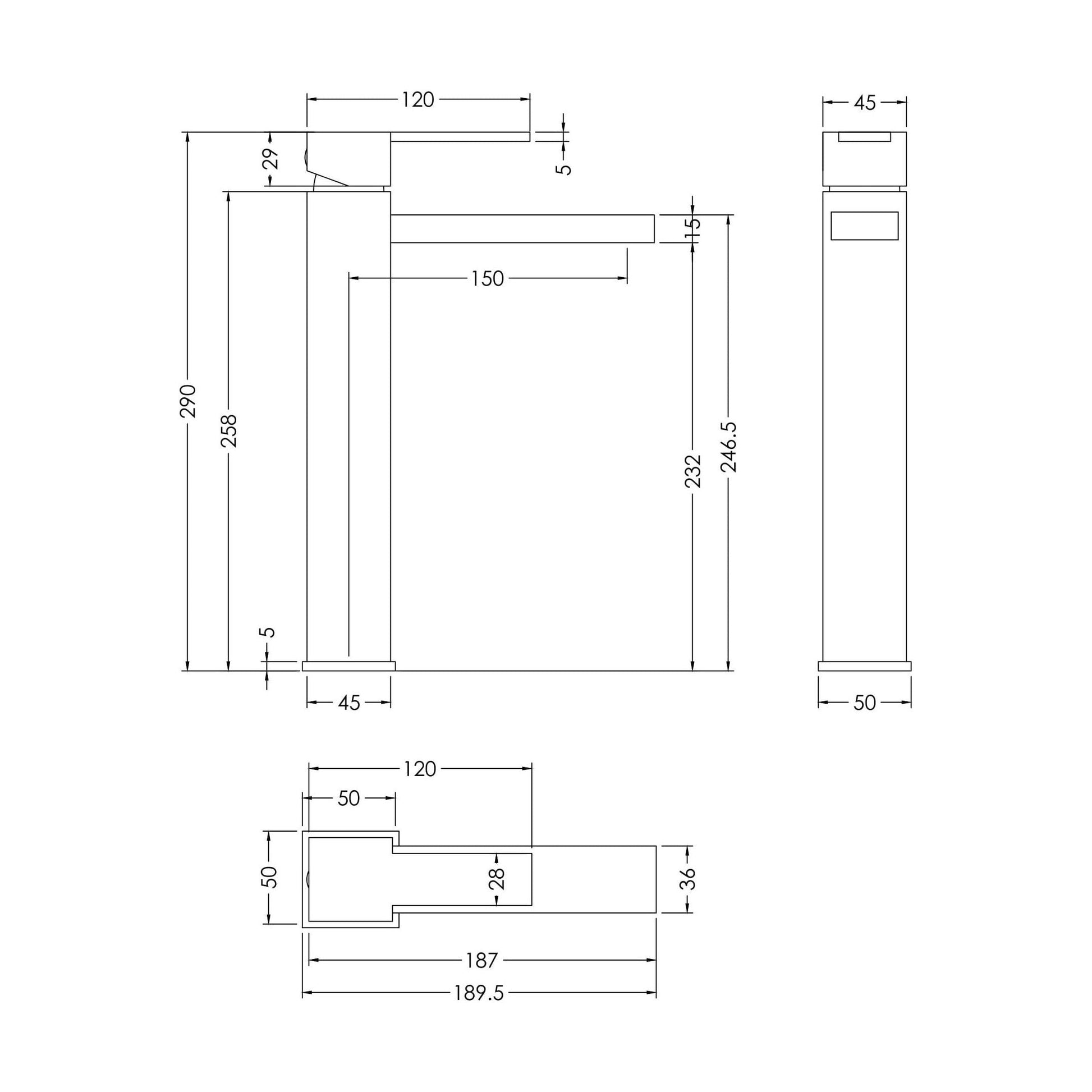[BTRP370] Square High-Rise Mono Basin Mixer Tap - Chrome - Technical Drawing