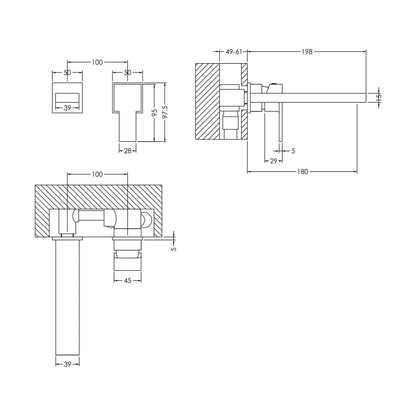 [BTRP381] Contemporary Square Wall Mount 2 Tap Hole Basin Mixer Tap - Chrome - Technical Drawing