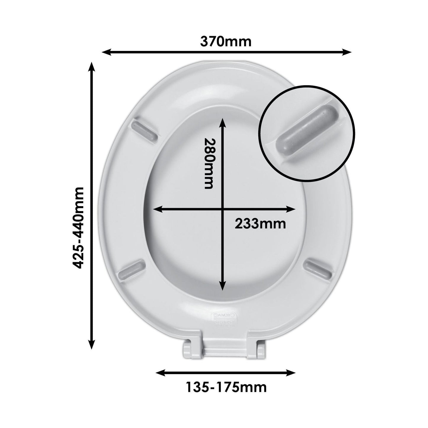[BTSALP04] Standard Round Toilet Seat 370mm Plastic Hinge – White - Technical Drawing