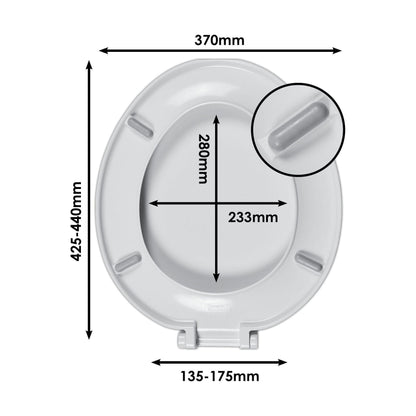 [BTSALP04] Standard Round Toilet Seat 370mm Plastic Hinge – White - Technical Drawing