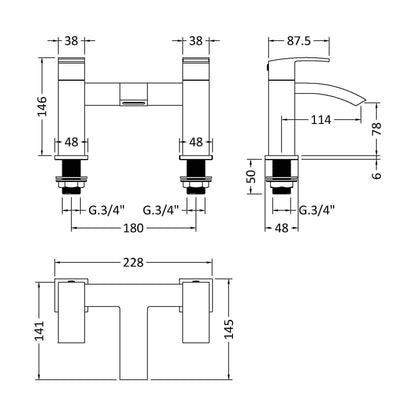 [BTSI403] Balterley Contemporary Square Dual Lever Deck Mounted Bath Filler Tap with Ceramic Disc Technology, 230 x 127 x 138mm, Matt Black - Technical Drawing
