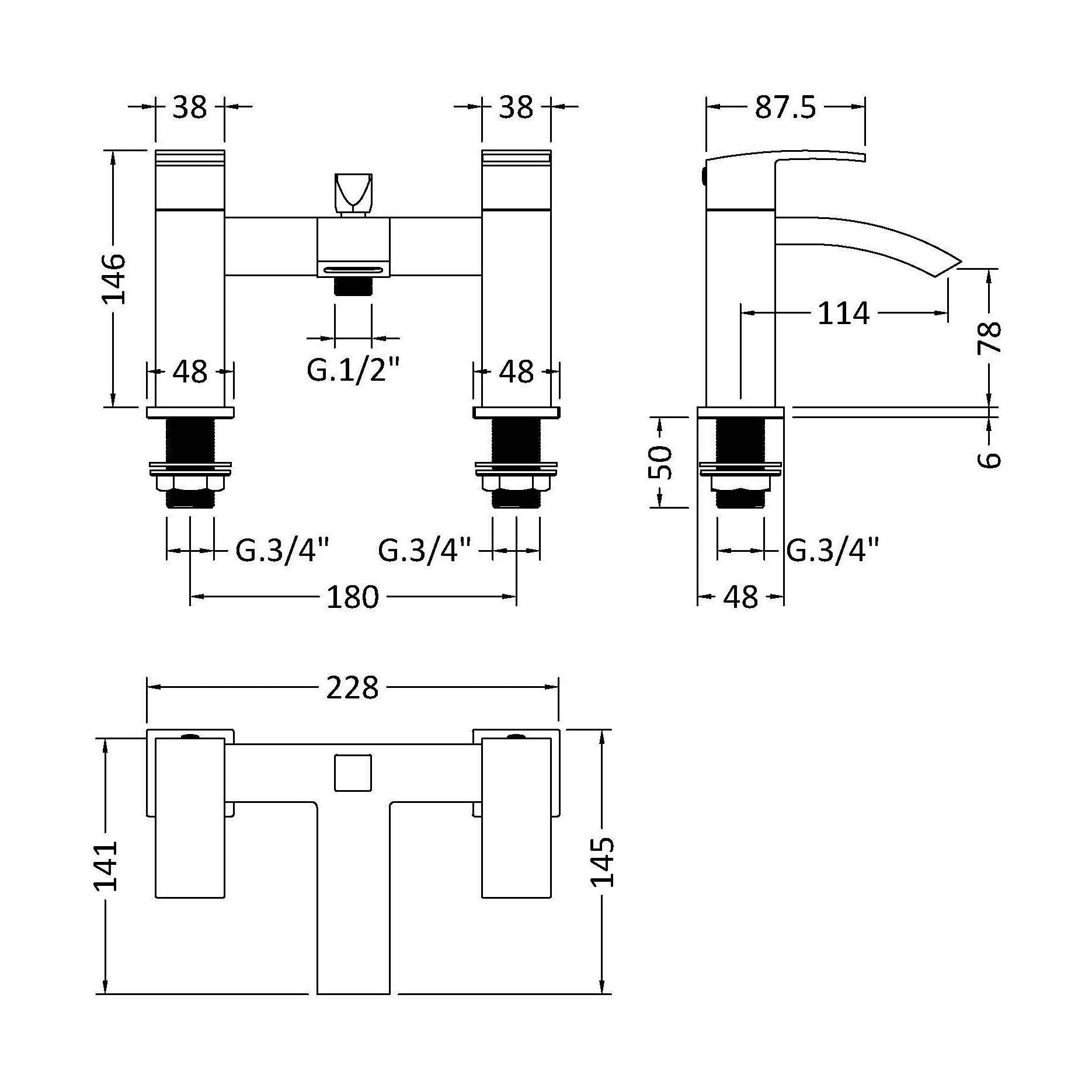 [BTSI404] Balterley Contemporary Dual Lever Deck Mounted Bath Shower Mixer Tap with Ceramic Disc Technology, 229 x 127 x 138mm, Matt Black - Technical Drawing