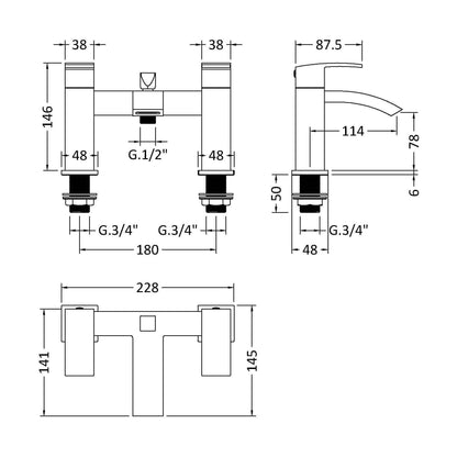 [BTSI404] Balterley Contemporary Dual Lever Deck Mounted Bath Shower Mixer Tap with Ceramic Disc Technology, 229 x 127 x 138mm, Matt Black - Technical Drawing