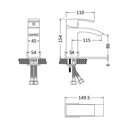 [BTSI405] Balterley Contemporary Square Single Lever Deck Mounted Mono Basin Mixer Tap with Push Button Waste, 180 x 55 x 134mm, Matt Black - Technical Drawing