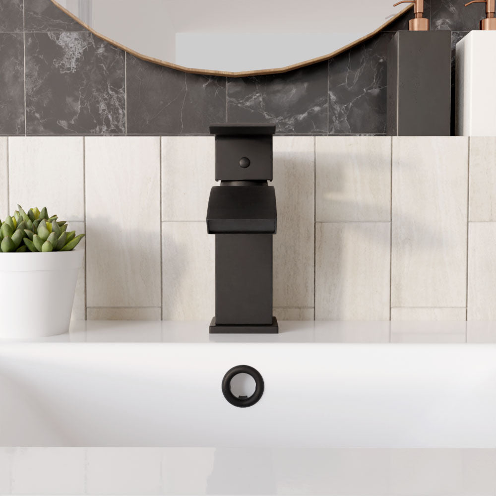 [BTSI405] Balterley Contemporary Square Single Lever Deck Mounted Mono Basin Mixer Tap with Push Button Waste, 180 x 55 x 134mm, Matt Black - Lifestyle 1