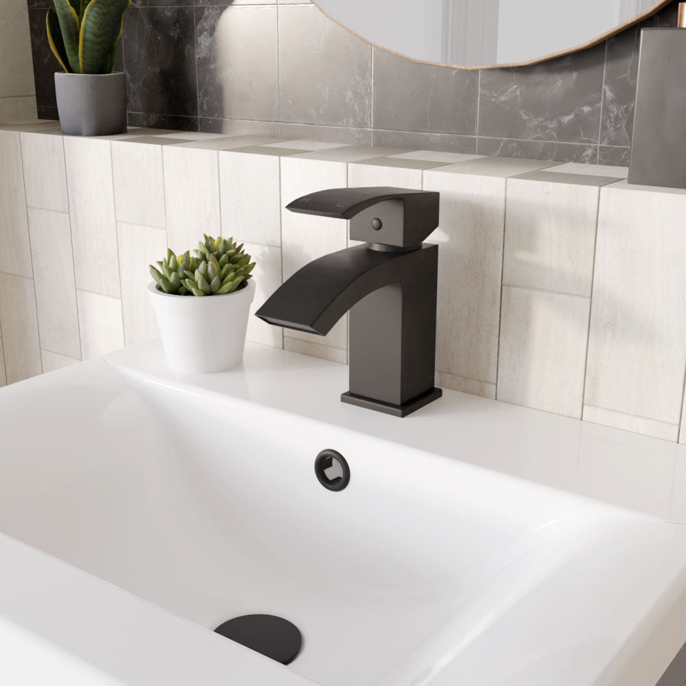 [BTSI405] Balterley Contemporary Square Single Lever Deck Mounted Mono Basin Mixer Tap with Push Button Waste, 180 x 55 x 134mm, Matt Black - Lifestyle 3