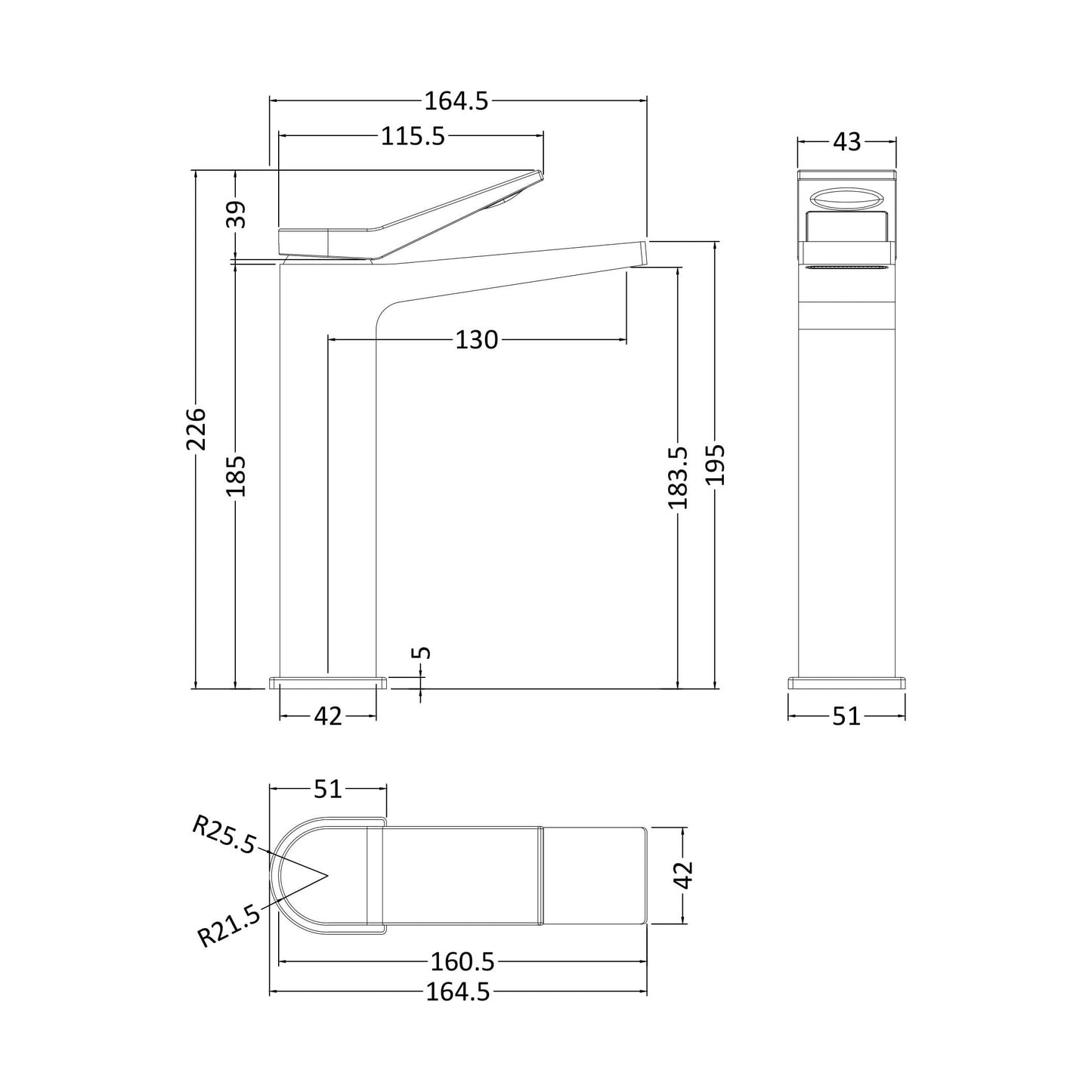 [BTSO370] Tall Mono Basin Mixer P/B Waste - Technical Drawing