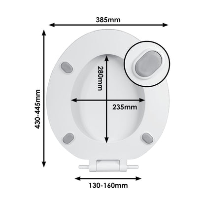[BTSSON04] Standard Round Toilet Seat 130-160mm Hinge Adjust – White - Technical Drawing