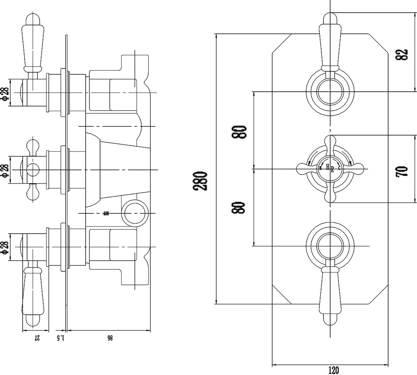 Black Topaz Triple Concealed Shower Valve With Diverter
