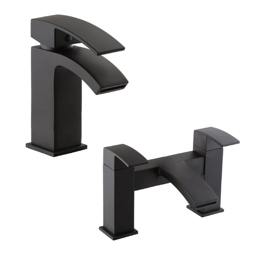 [BTT100204] Contemporary Square Mono Basin Mixer Tap and Bath Filler Set - Black - Cutout