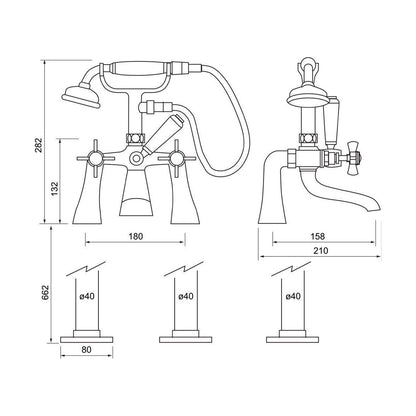 [BTT207] Traditional Bathroom Bath Shower Mixer – Crosshead, 860 x 150mm, Chrome - Technical Drawing